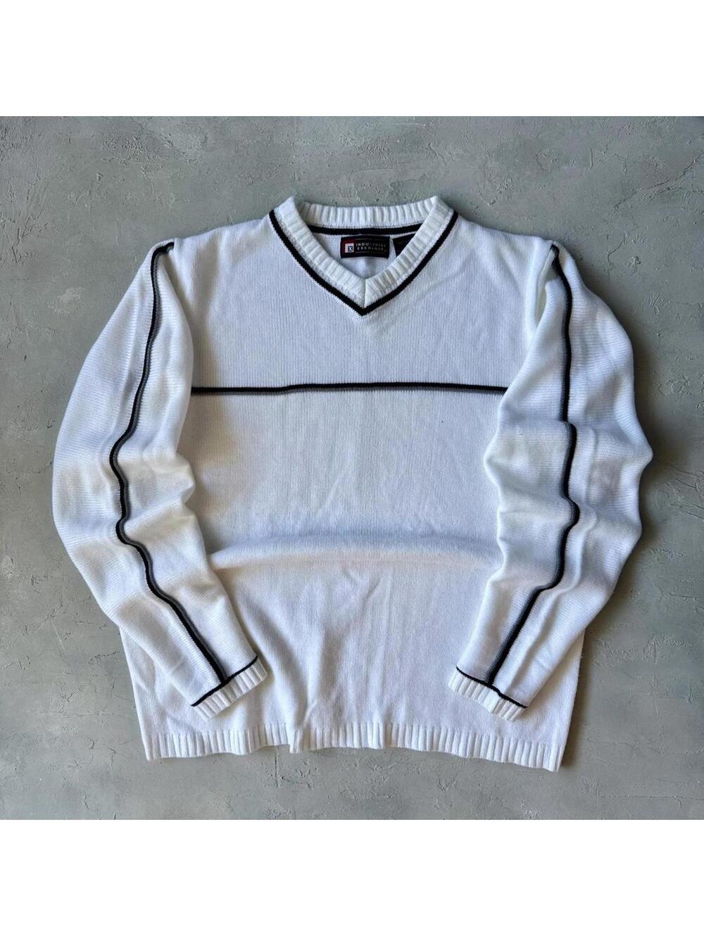 Vintage 2000s White and Black Striped Point Zero Surf Style Sweater